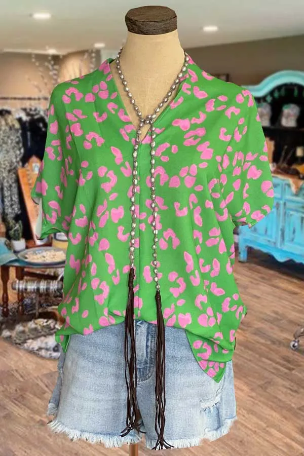 Leopard Print V-Neck Drop Shoulder Top