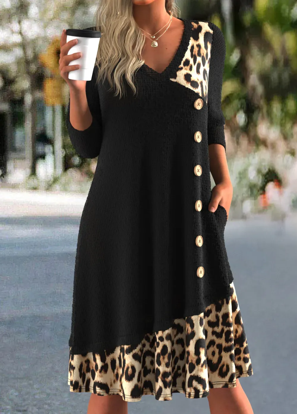 Black Button Leopard A Line 3/4 Sleeve Dress