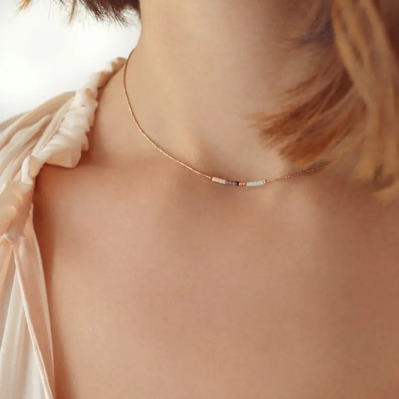 Rose Gold Dainty Beaded Necklace, Boho Delicate Minimalist Jewelry Short Layering Necklace, Colorful Simple Minimal Bridesmaids Gift
