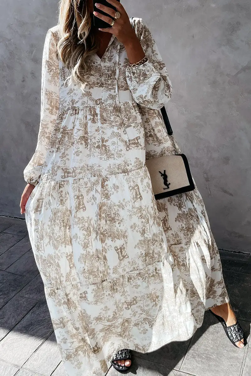 Fashion Sweet Print Patchwork V Neck Princess Dresses(4 Colors)