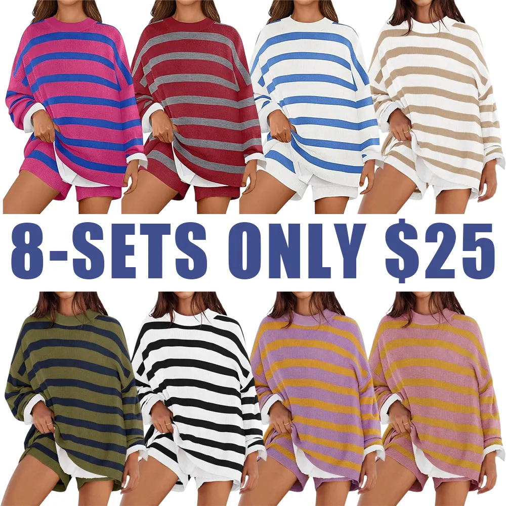 Women's 2 Piece Sweater Lounge Sets Striped Long Sleeve Shorts Oversized Matching Outfits