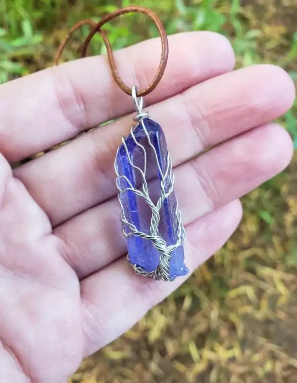 Titanium Wire Wrapped Blue Aura Quartz Crystal Tree of Life Pendant Necklace - Grounding Necklace - Self Confidence - Relaxation Crystal
