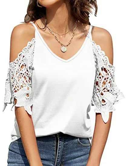 Lace Sleeve deep V-Neck Solid Color Sexy Suspender Women's T Shirt