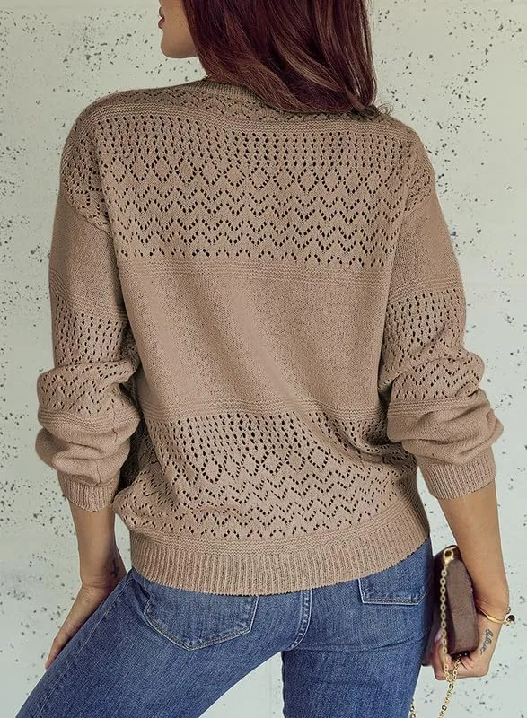 Womens Sweaters Casual Long Sleeve V Neck Lightweight Crochet Pullover Sweater Tops
