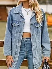 Women's Denim Jacket Outdoor Street Daily Wear Fall Winter Regular Coat Regular Fit Thermal Warm Breathable Stylish Casual Jacket Long Sleeve Solid Color with Pockets Light Blue Black Pink