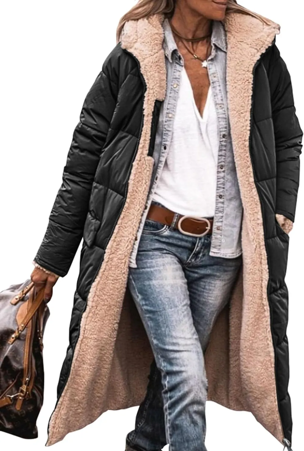 Women's Warm Winter Coats Reversible Sherpa Fleece Long Hooded Puffer Jackets Outerwear