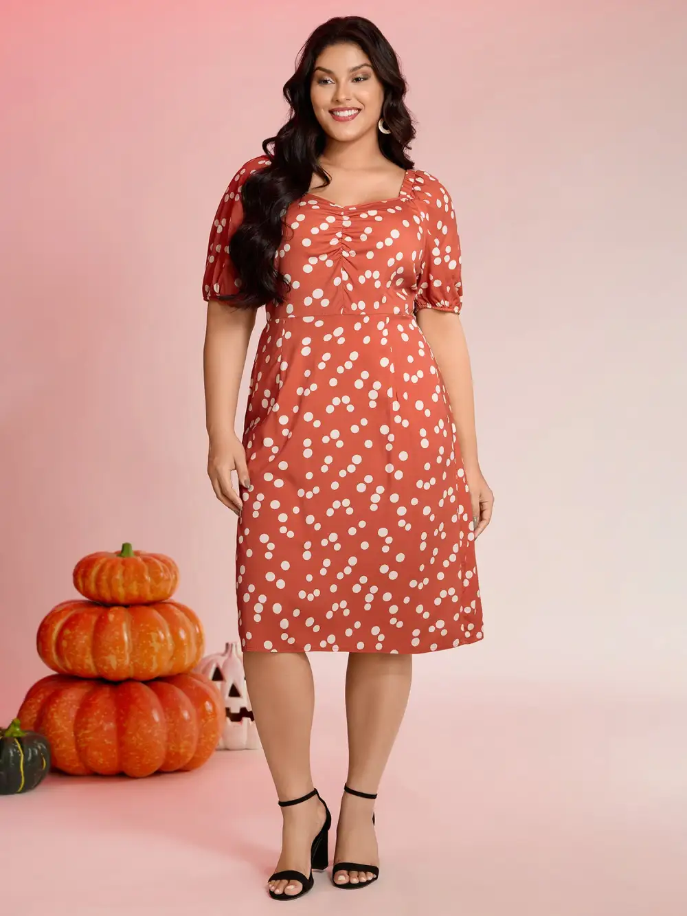 Polka Dots Gathered Bust Pockets Midi Dress