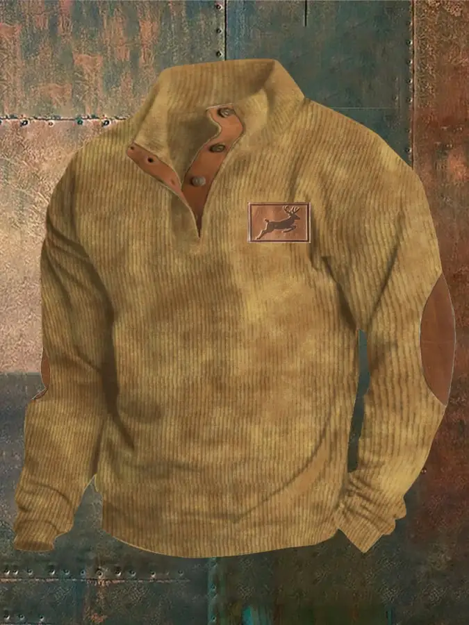 Corduroy Western Style Elk Print Stand Collar Button Down Men's Sweatshirt