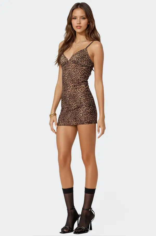 Leopard Print Mesh Mini Dress