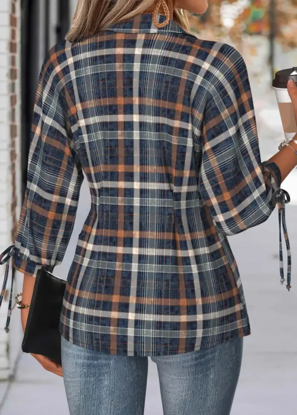 Multi Color Tummy Coverage Plaid 3/4 Sleeve Blouse