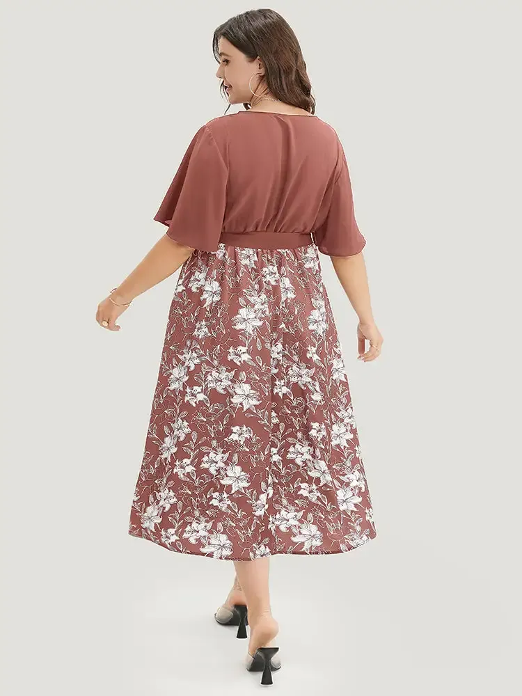 Floral Patchwork Pocket Belt Surplice Neck Ruffle Hem Dress