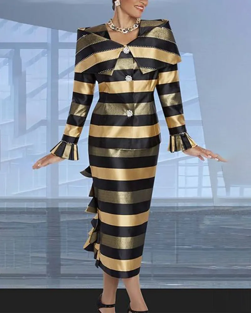 Ladies Casual Versatile Contrast Stripe Print Elegant Dress