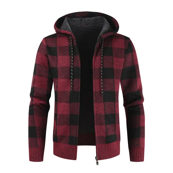 Men's Retro Check Knit Cardigan Hooded Jacket