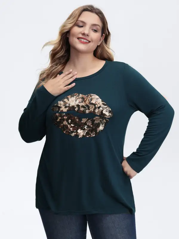 Supersoft Embroidered Leopard Lips Sequin T-Shirt