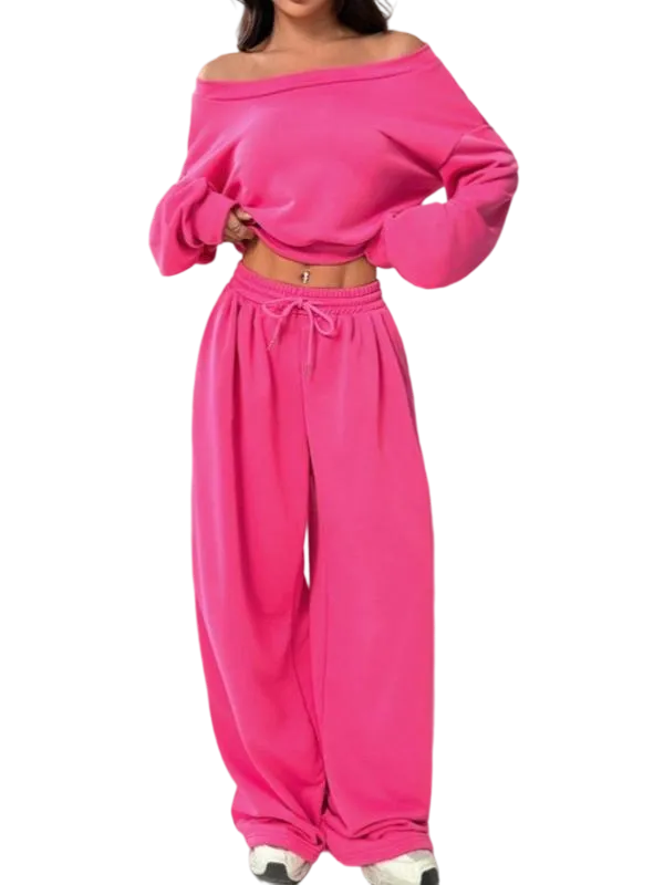 Women's Solid One-Shoulder Hoodie Set: Loose Knit, Long Sleeve Short Top