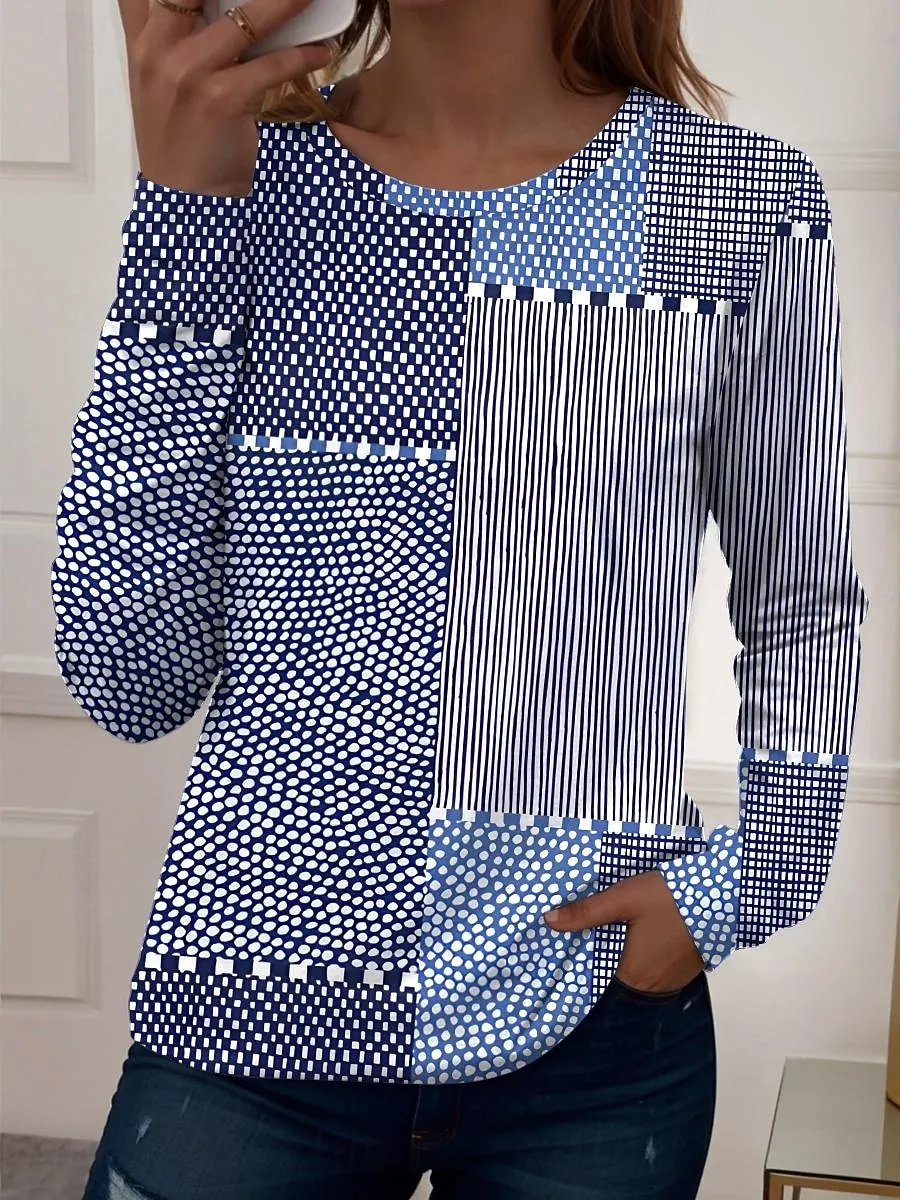 Women's T shirt Long Sleeve Crew Neck Long Sleeve Tunic Graphic Geometric Vintage Casual Regular Tops Daily Print Pink Blue Purple Green Spring Fall Prefall