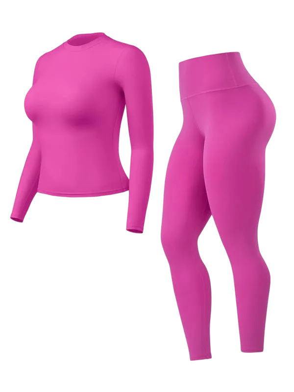 Women's Solid Long Sleeve Tee & High Waist Leggings Sportswear Set