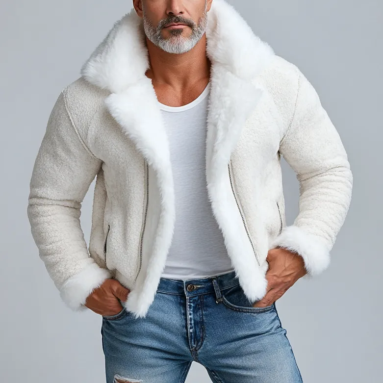 Men's Lapel Collar Zipper Plush Splicing Coat