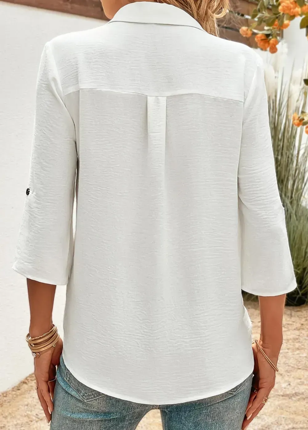 White Button 3/4 Sleeve Shirt Collar Blouse