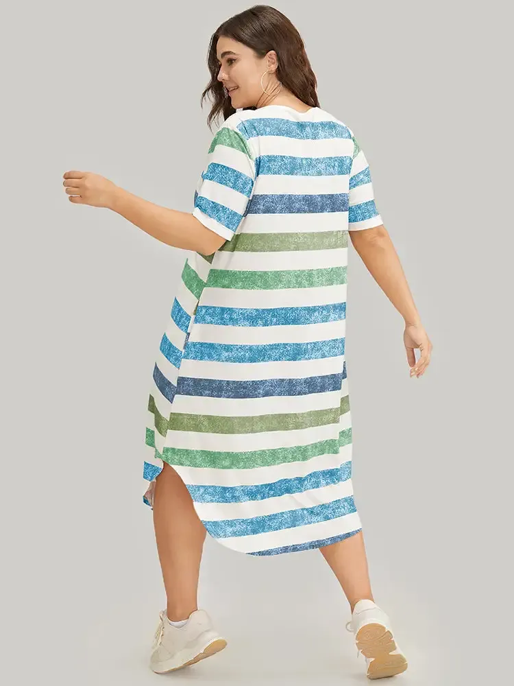 Striped Contrast Arc Hem V Neck Pocket Dress