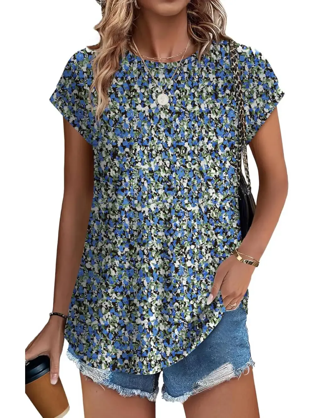 ✨Womens Printing Dressy Casual Cap Sleeve Tops with Curved Hem