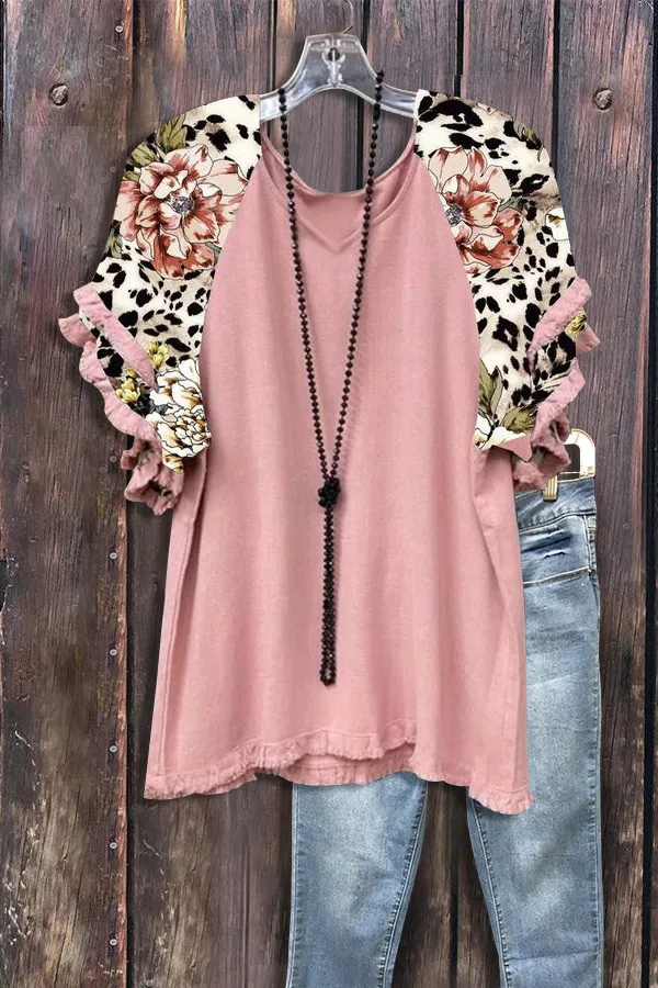 Casual Leopard Flower Print Frayed Top