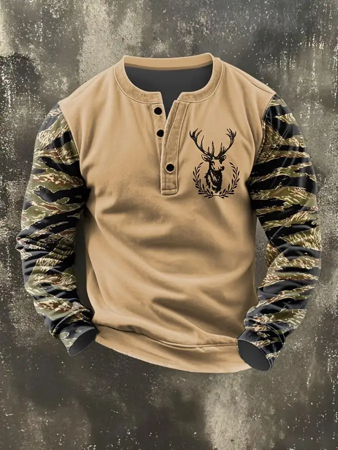 Men's Vintage Western Elk Print Henley Neck Sweatshirt