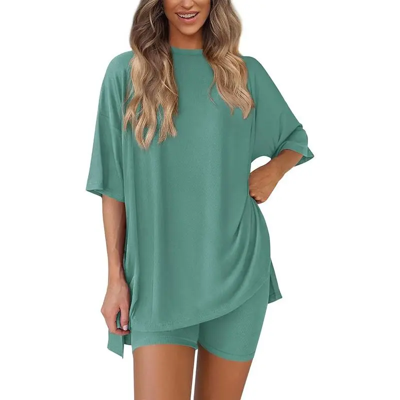 Women’s Oversized Lounge Set-Breathable Crewneck Top & Pocket Shorts