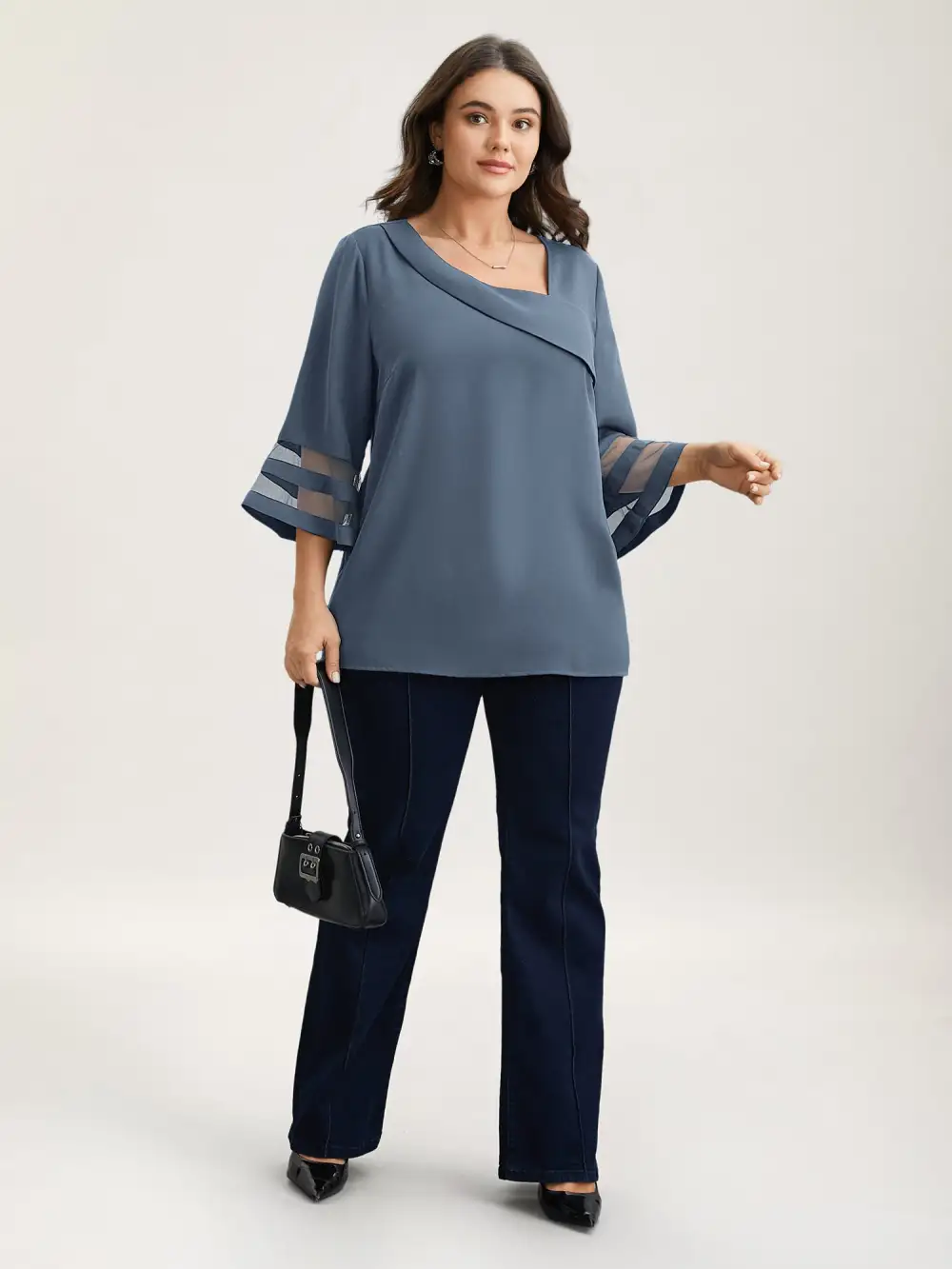 Sheer Sleeve Patchwork Asymmetrical Neckline Blouse