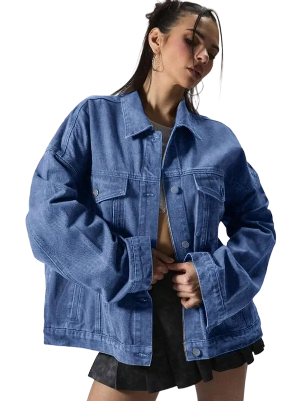 Women's Plain Button Front Drop Shoulder Denim Coat, Casual Fitted Long Sleeve Collared Pocket Outerwear for Daily Wear