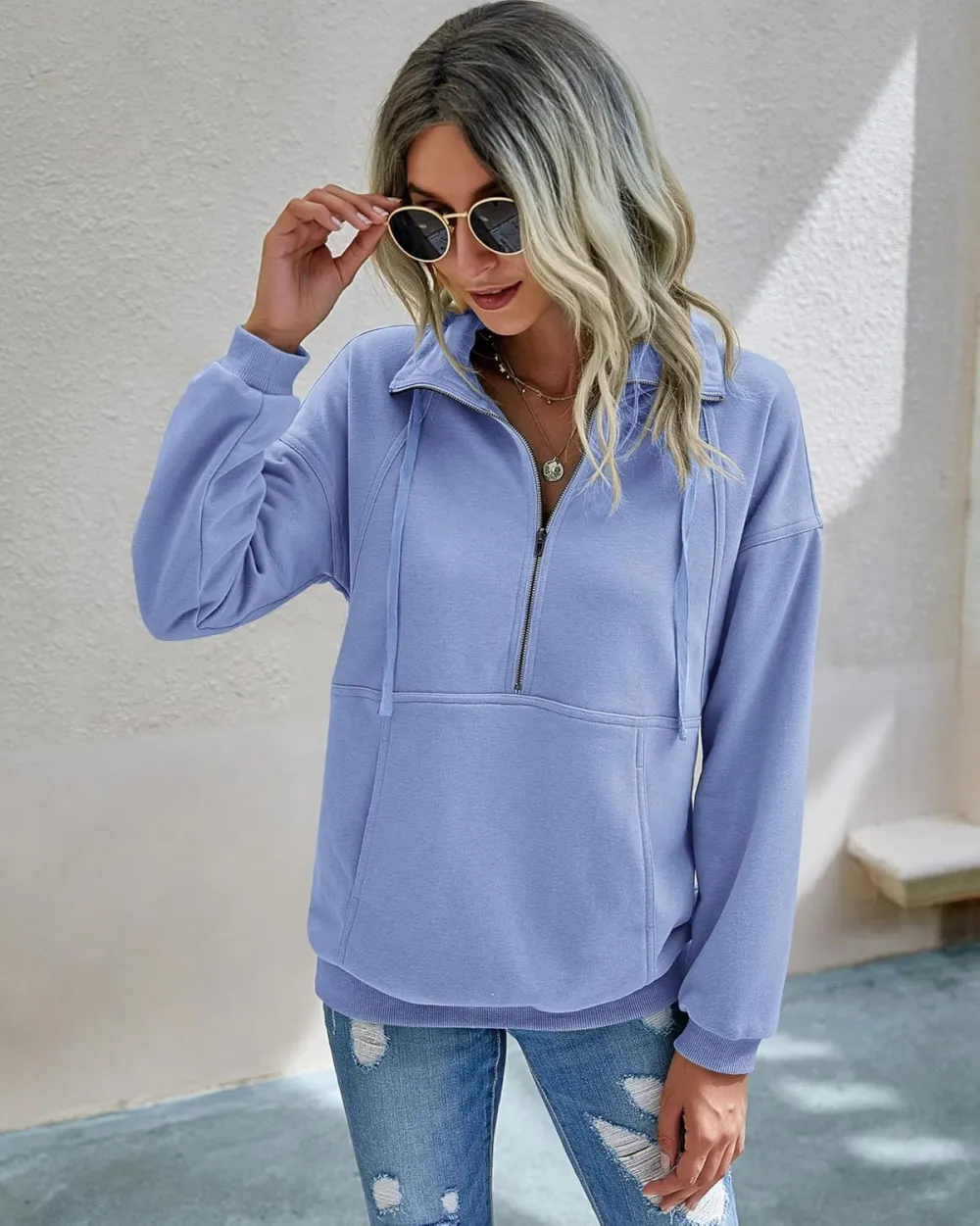 Women's Casual Long Sleeve Lapel Zipper Sweatshirt Drawstring Loose Pullover Tops
