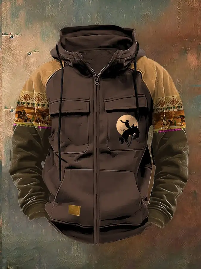 Men's Casual Retro Western Contrast Color Zipper Multifunctional Jacket