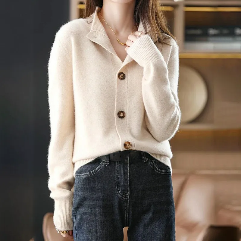 Solid Button Stand Collar Knitted Cardigan