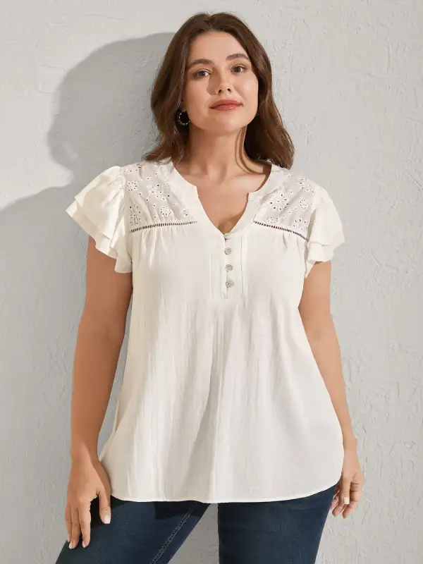 Cotton Lace Eyelet Trim Layered Sleeve Blouse