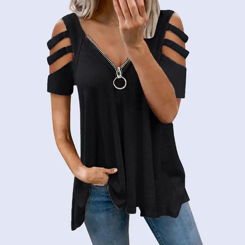 Sexy V-neck zipper solid color T-shirt