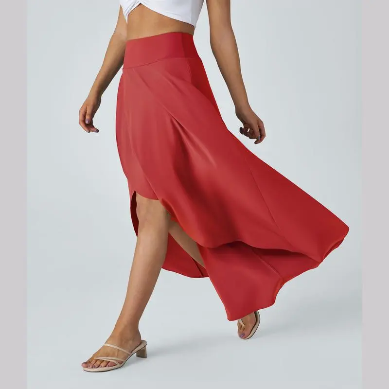 High Waisted 2-in-1 Maxi Skirt – Flowy, Quick-Dry, High-Low Hem with Ruffle Detail