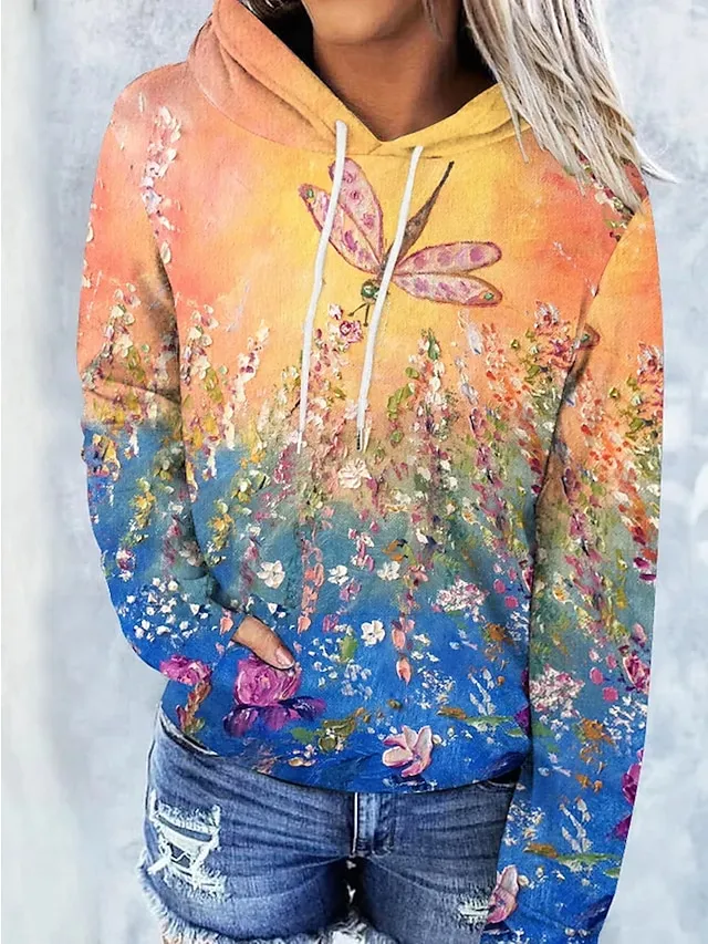 Women's Hoodie Sweatshirt Pullover Vintage Basic Front Pocket Yellow Light Green Blue Floral Street Casual Hoodie Long Sleeve Top Micro-elastic Fall & Winter