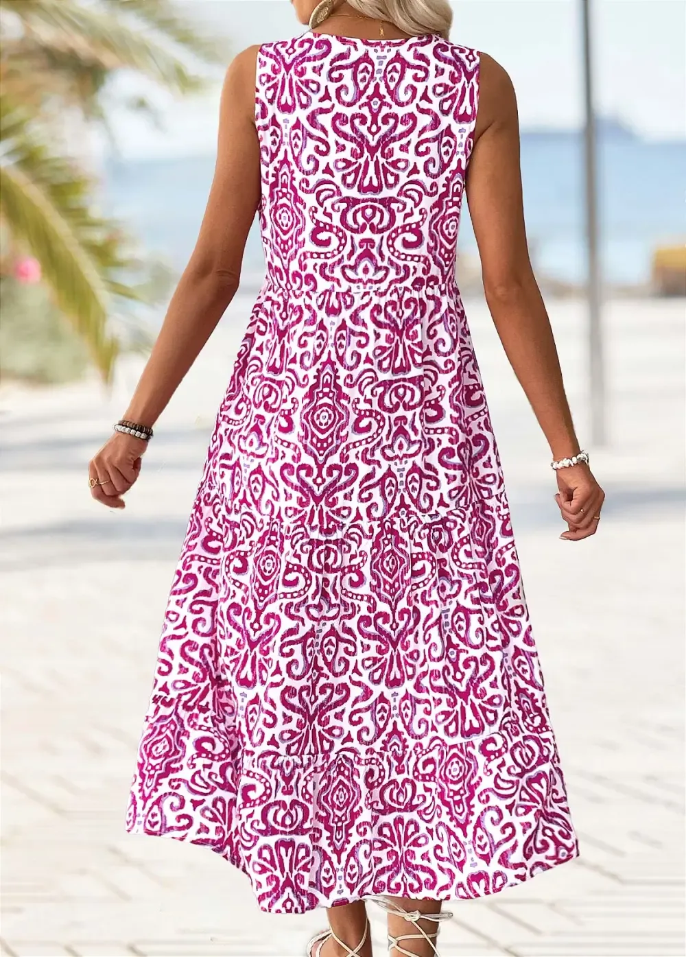 Hot Pink Tribal Print Maxi Sleeveless Split Neck Dress