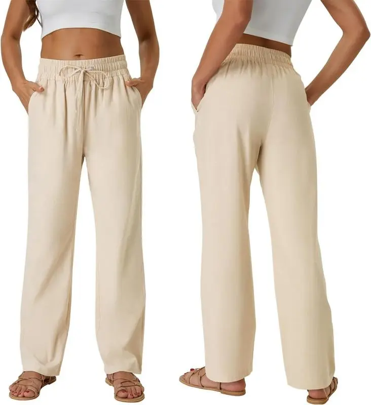 Women’s High Waist Linen Drawstring Pants – Casual Loose Fit with Pockets