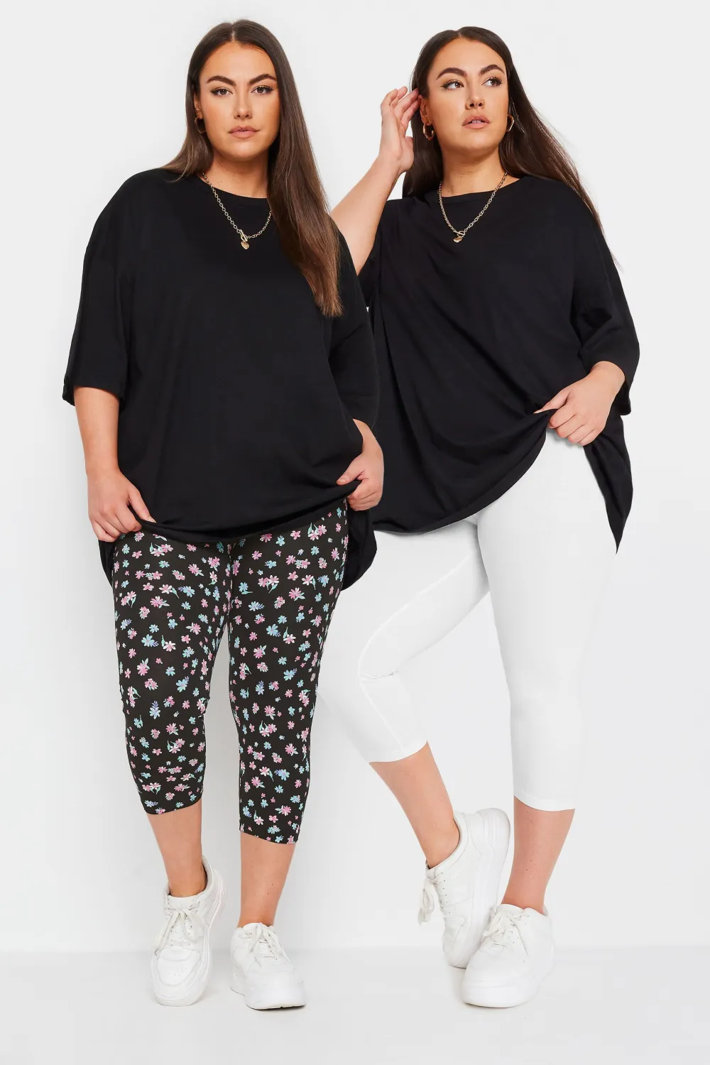 YOURS Curve 2 PACK Black & Blue Floral Print Cropped Leggings