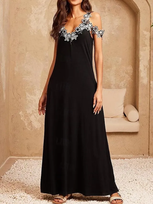 Women's Black Dress Modal A Line Midi Dress Lace Patchwork Strap Cold Shoulder Contrast Sleeveless Daily Vacation Summer Spring