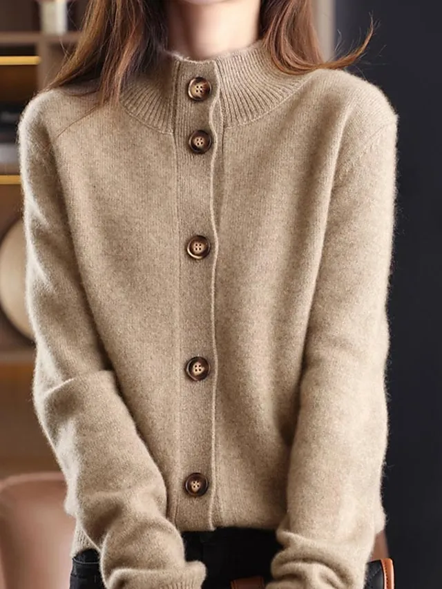 Women's Cardigan Sweater Stand Collar Knit Button Knitted Fall Winter Outdoor Home Daily Stylish Basic Casual Long Sleeve Pure Color Camel Brown