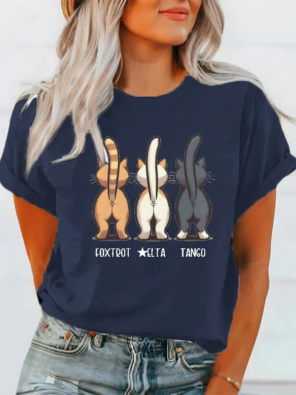 Women'S T-Shirt Female Cat FDT Print Casual T-Shirt Pattern Printed Pure Cotton Round Collar