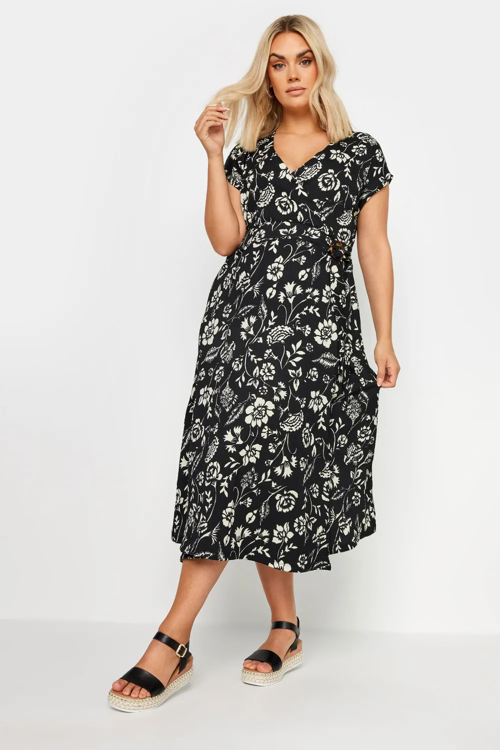 YOURS Curve Black Floral Print Textured Midi Dress