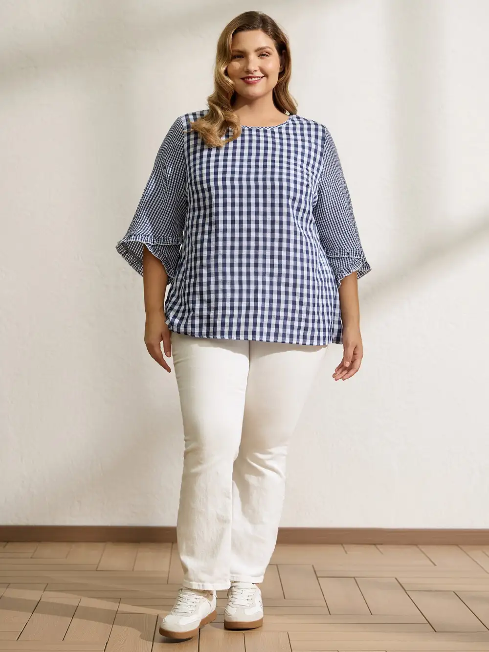 Checkered Print Flared Overlap Sleeve Blouse