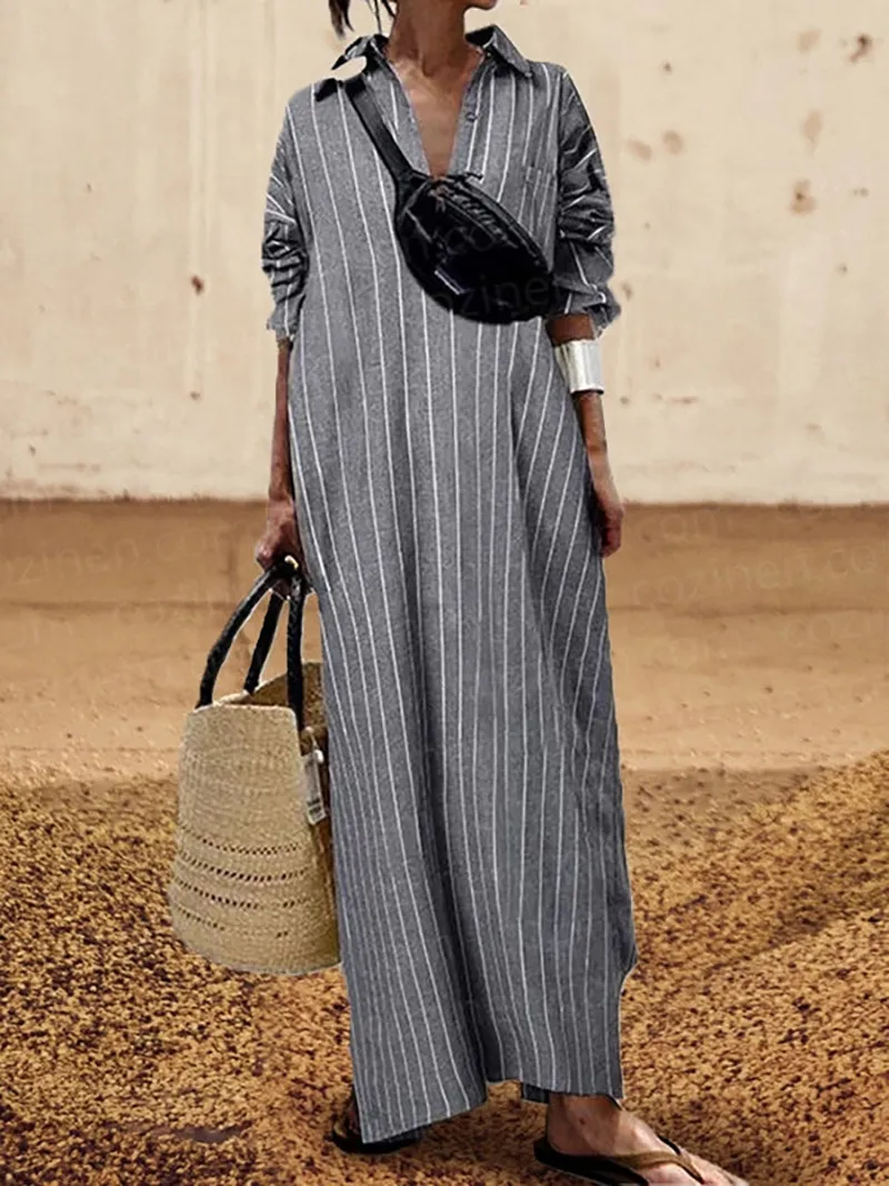 Lapel Stripe Loose Waist Maxi Cardigan Dress
