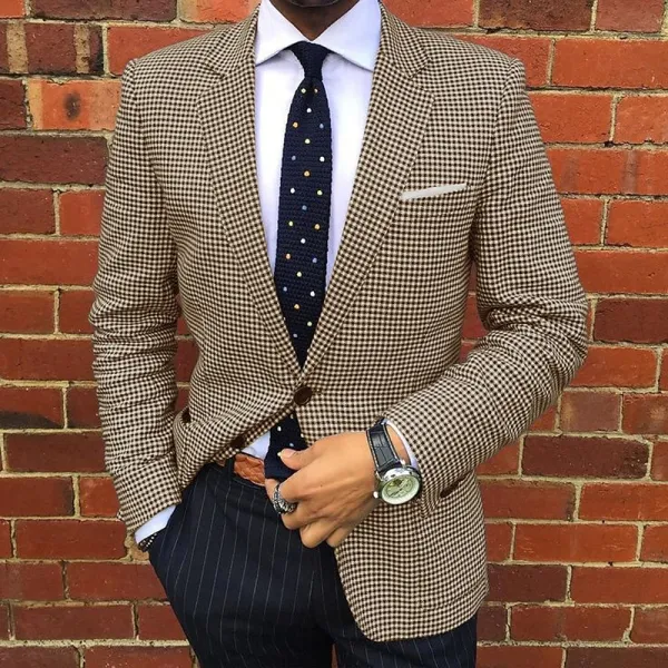 Men's Business Houndstooth Pattern Button Notch Lapel Blazer