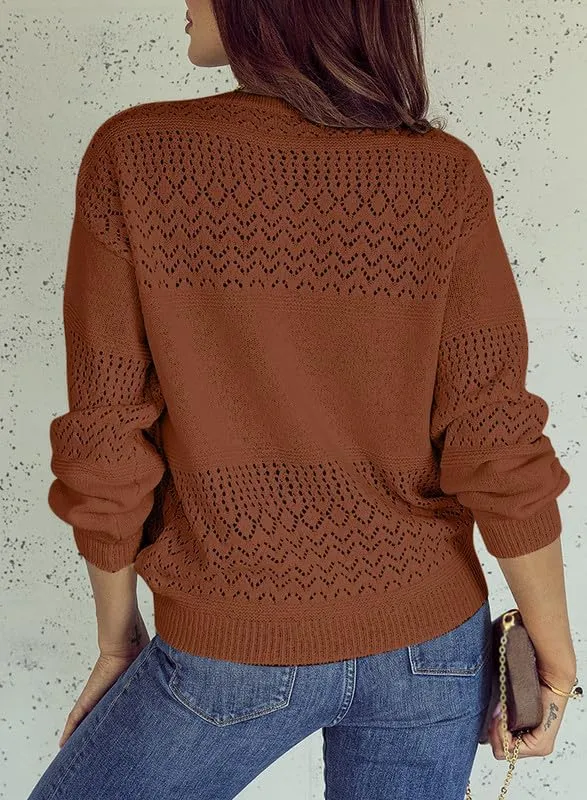 Womens Sweaters Casual Long Sleeve V Neck Lightweight Crochet Pullover Sweater Tops
