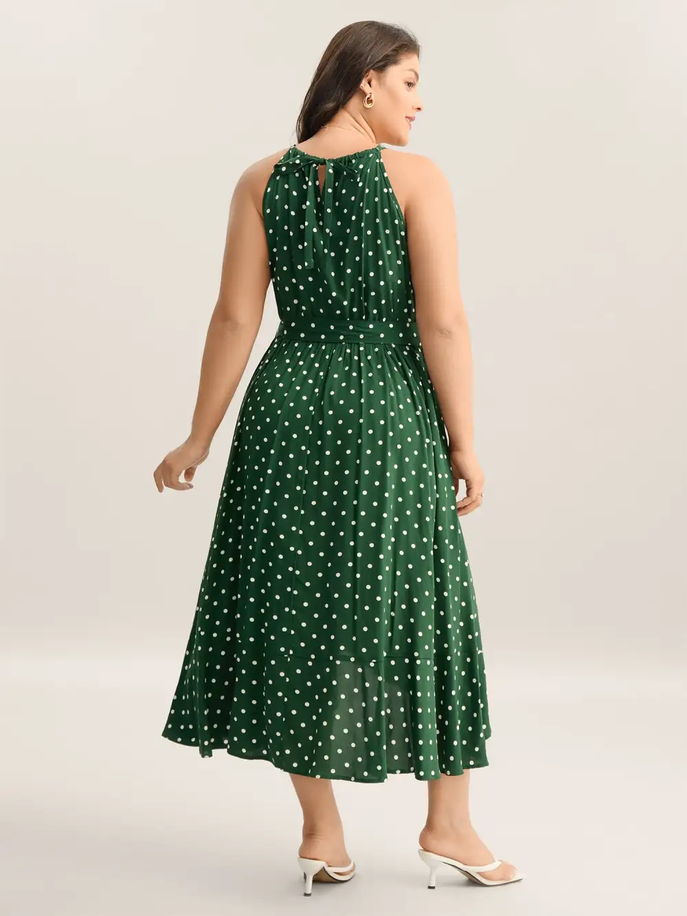 Polka Dots Halter Neck Belted Midi Dress