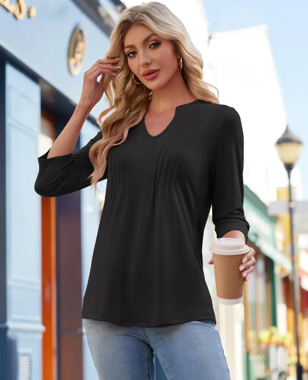 ✨Womens Casual 3/4 Sleeve Pleated Tunic Blouse